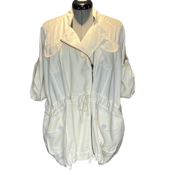 CATHERINE MELANDRINO White 100% Silk Utility Jacket Quiet Luxury Plus Size 14 - Picture 3 of 16